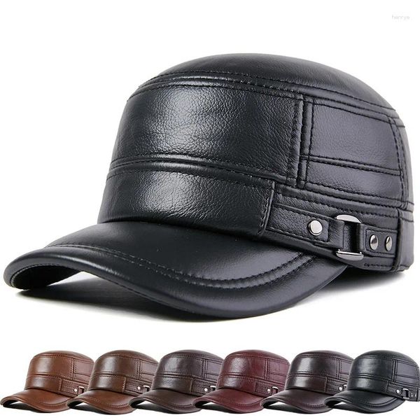 Bola bonés inverno genuíno couro boné masculino liso quente exército militar chapéu elegante homem beisebol britânico vintage couro