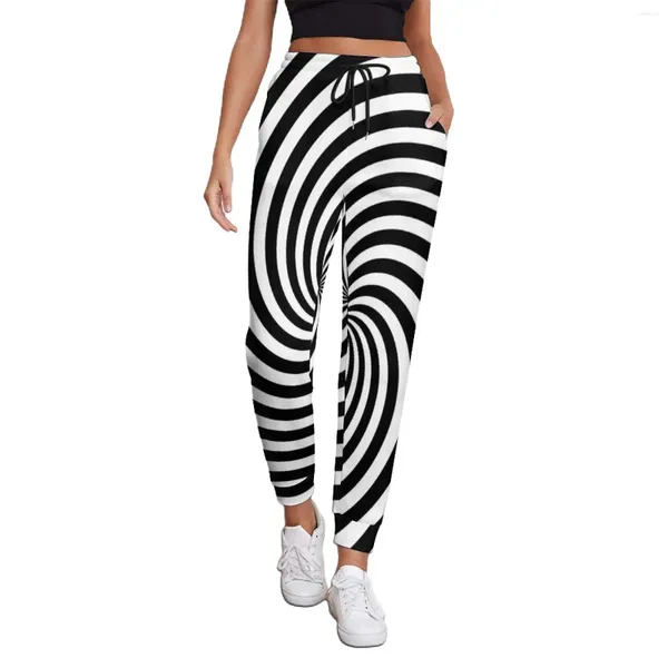 Calças femininas preto e branco linha jogger mulher arte espiral moderno sweatpants outono impressão estilo rua calças de grandes dimensões presente idéia