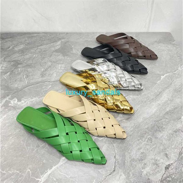 Mulheres Designer Sapatos Botte Venetas Alfie Chinelos Openback Couro Chinelos 2024 Verão Novos Chinelos Pontiagudos Mulheres Flat Bottom Baixo Salto Verde Tecido Cross Hea HBMI