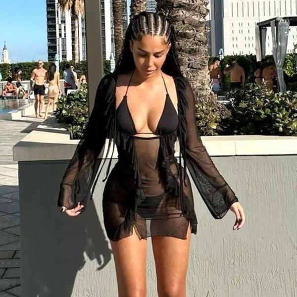 Kadın Mayo Yiiciovy Yaz Siyah See-Through Plaj Bikini Örtüsleri Seksi Uzun Kollu Açık Büst Ağ Yukarı Mini Elbiseler