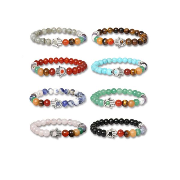 7 Chakra Cristal Vulcânico Ágata Pedra Natural Cura Hamsa Charm Beads Pulseira para Mulheres