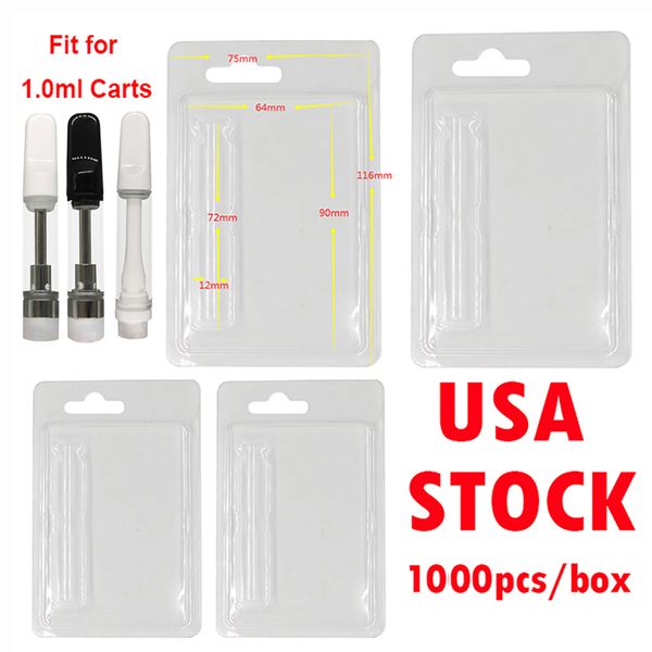 USA Stock Kunststoff-ClamShell-Hüllen 1 ml 0,8 ml Vape-Kartuschen Verpackung Blisterpackung Karren Klarer PVC-Aufhänger Zerstäuber Paket Benutzerdefinierte Logo-Karte E-Zigaretten 1000er-Box