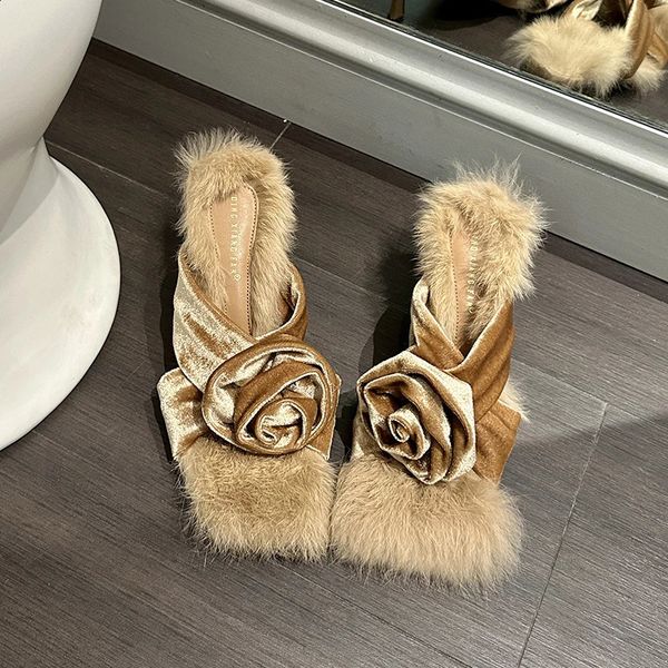 Женские женщины квадрат Zookerlin Rabbit Hair Slippers Shoes Solid Color Thin High Hel Heel Осенью мягкий меховой шпилька на горных насосах 2 52 5