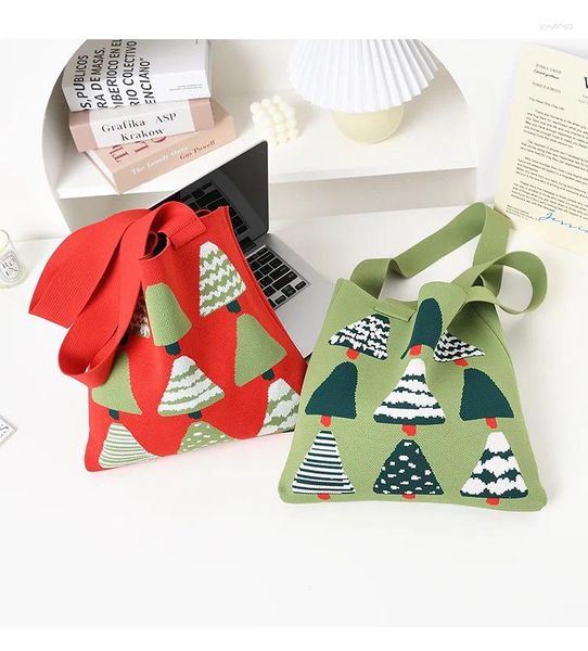 Sacos de compras feitos à mão de malha bolsa feminina mini nó pulso-saco feminino casual largo árvores de natal padrão bolsa estudante reutilizável