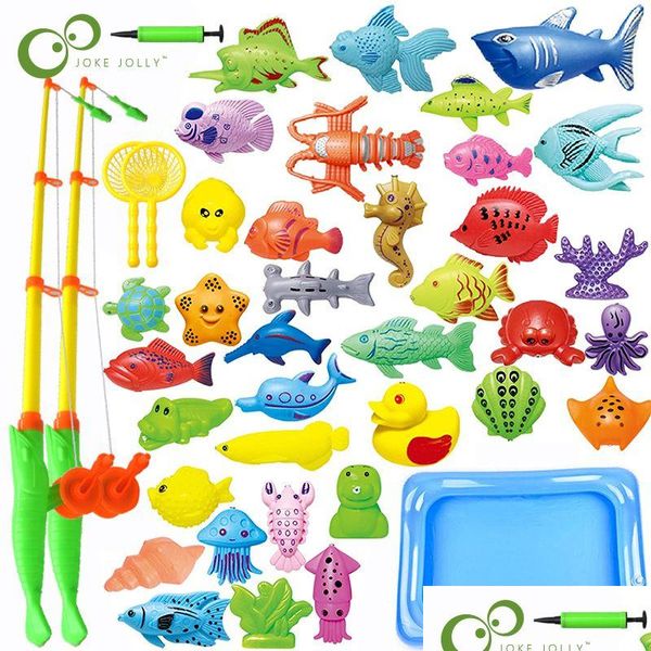 Игрушки для ванны, 56 шт., детские игры для рыбалки в бассейне - летние магнитные плавающие игрушки, магнитная удочка, сетка для рыбы, столик для воды, игра для ванны, Прямая доставка Otwpz