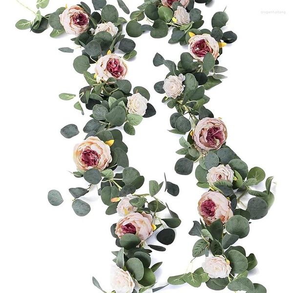 Fiori decorativi 1 pz ghirlanda artificiale eucalipto vintage fiore finto peonia rosa vite verde decorazione da appendere alla parete