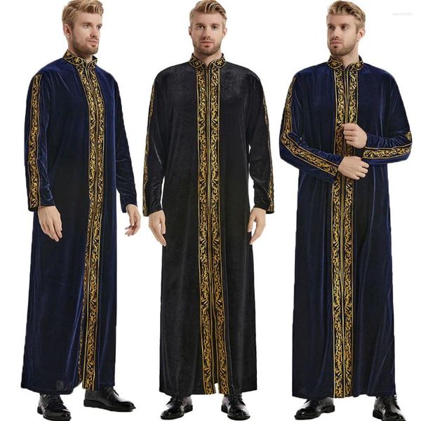 Etnik Giyim Müslüman Erkekler Jubba Thobe İslam Velvet Nakış Kış Çöp Saudi Abaya Kaftan Jubah Thoub Dubai Arap Thawb Ramazan Elbisesi