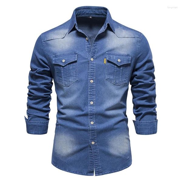 Camisas casuais masculinas roupas de algodão tamanho grande primavera e outono manga longa clássico denim camisa lapela multi-bolso qualidade