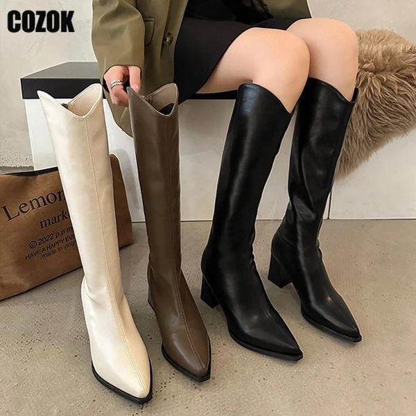 Stiefel speicherte Zehen Frauen Knie High Stiefel Herbst Winter Damen Dicke Heels Pumps Mode elegante lange Stiefel weibliche Schuhe Zipper Chic 231218