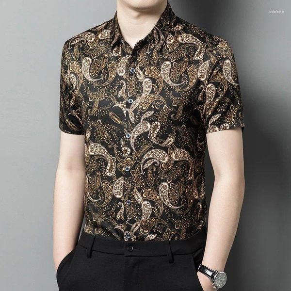 Camicie casual da uomo Paisley di lusso di alta qualità Abiti da uomo in seta naturale Camicette lisce in raso nero dorato Abiti da festa di grandi dimensioni