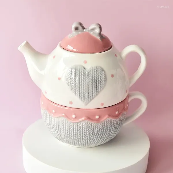 Set di articoli da tè Tè in ceramica da 400 ml per un set Tazza da teiera con fiocco Kawaii Tazza da caffè in maglia di lana rosa Adatta al microonde