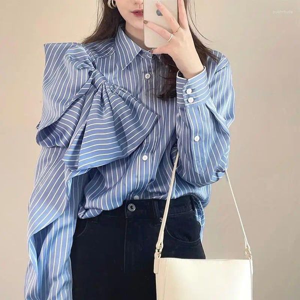 Damenblusen Korejepo Korean Chic Shirt Bogen BF Stil Blau Lose Streifen Vielseitig Top Frauen Frühling 2023 High Street Süße Coole Shirts
