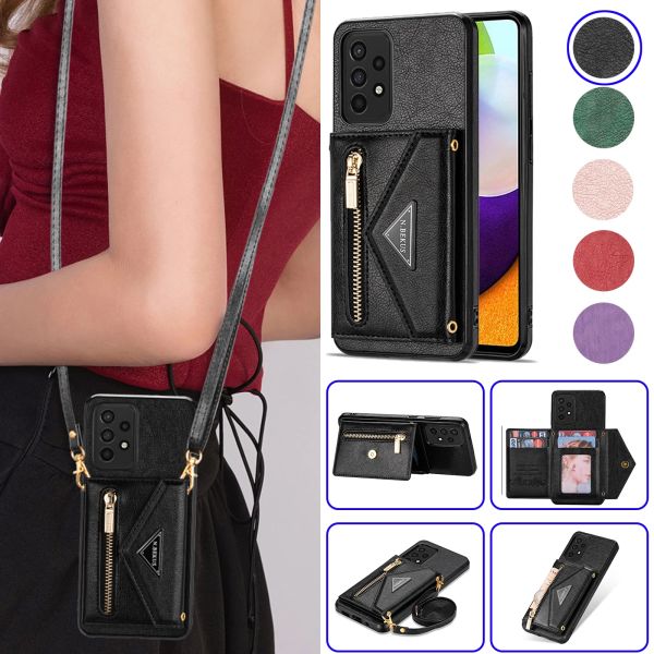 Caixa de telefone de couro Crossbody para Samsung Galaxy S20 S21 FE S23 S22 Plus Nota 20 Ultra A52 A52S A53 5G A12 Carteira com zíper de zíper