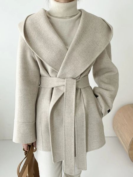 Mulheres misturas de lã vintage casaco de lã feminino outono inverno mistura jaqueta com capuz senhoras moda coreana elegante cor sólida rendas até outerwear 231218