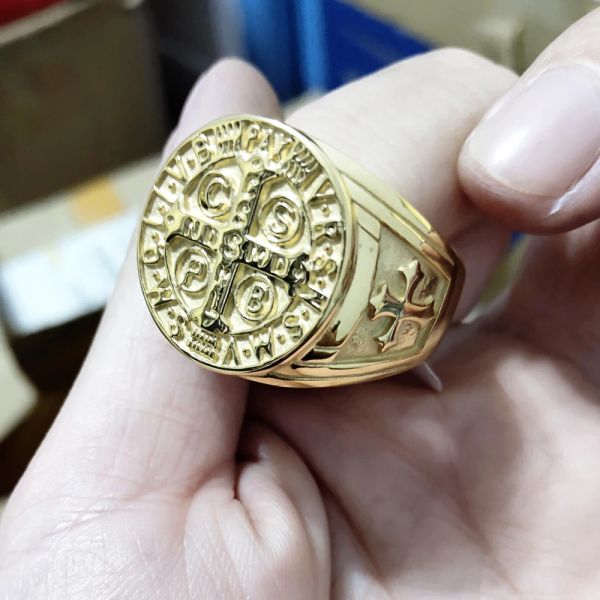 Jerusalem-Kreuz-Ring, 14 Karat Gelbgold, Kreuzfahrer, religiöser männlicher Jesus Christus, mittelalterlicher Ritter, Tempelritter, Militär, Mittelalter, für Männer