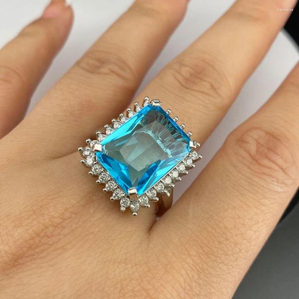 Anéis de Cluster Hoyon S925 Cor de Prata Luxo Natural Mar Azul Topa Sapphire Anel Exagerado Mulheres Cristal Gem Casamento Noivado Jóias