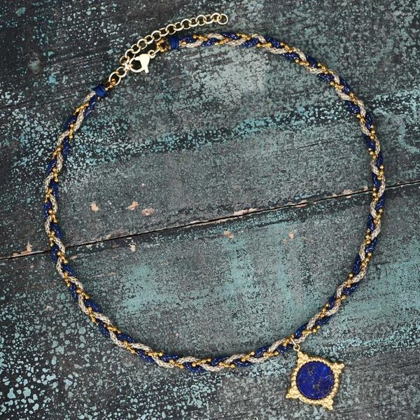 Colares de pingente lapis lazuli gargantilha trançada corda colar artesanal boêmio 2 camadas pulseira para meninas presente atacado