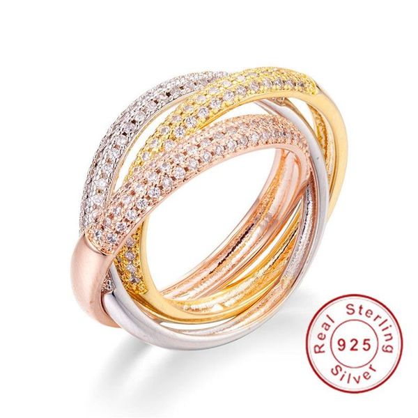 Anel triplo de ouro rosa e prata, três cores, joias de luxo 925, prata pave 5a cz, anel feminino, casamento, anéis de dedo, presente240j