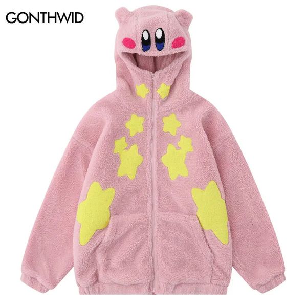 Jaqueta masculina para baixo parkas inverno fofo com capuz com orelhas de urso harajuku bordado estrela bonito fuzzy pelúcia velo quente teddy casaco hip hop jaquetas 231219