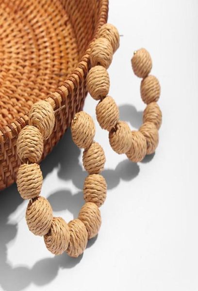 2021 boho artesanal redondo rattan tecer grandes brincos de argola para mulheres de madeira natural bambu palha videira jóias presente huggie5710698