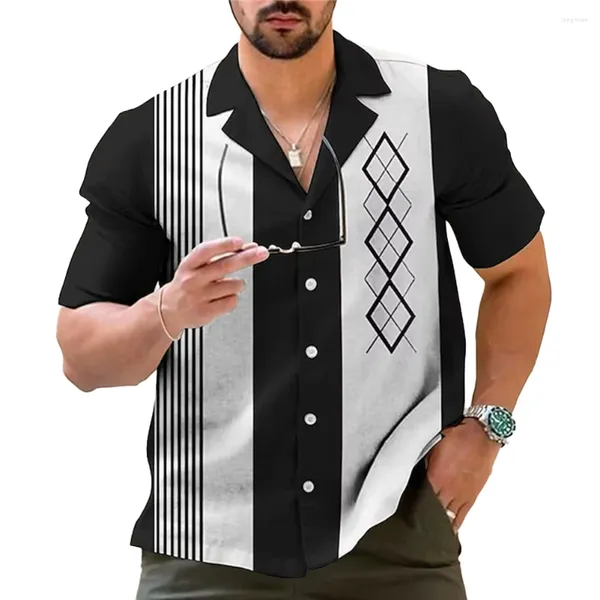 Camisas casuais masculinas vintage inspirado camisa de boliche listra padrão manga curta e botão para baixo estilo ideal para festas de desgaste