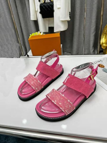 Sandálias 2023 designer de luxo mulher paseo plana conforto sandálias verão denim sandy praia chinelos slides tamanho 3542