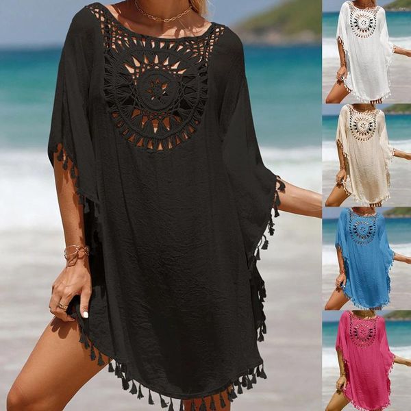 Roupa de banho feminina oco para fora franja borla crochê túnica praia vestido solto boho cover-ups bikini cover ups beachwear longo blusa topos