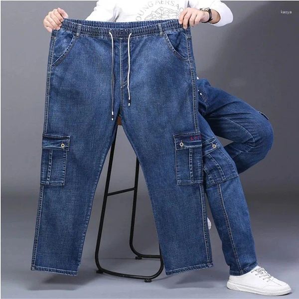 Calça masculina de outono e inverno plus size jeans de estiramento casual 9xl 8xl 7xl Moda Multi-bolso de jeans longos e retos.