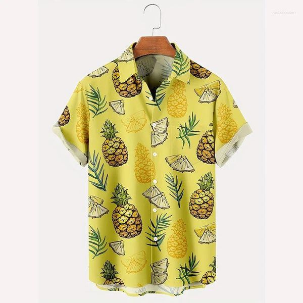 Camicie casual da uomo Stile hawaiano Camicia stampata in 3d con ananas giallo Manica corta Risvolto Moda vacanza Top Aloha Outfit