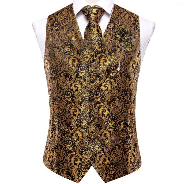 Coletes masculinos luxo seda ouro preto paisley colete pescoço gravata lenço abotoaduras broche conjunto para masculino festa de negócios designer hi-tie