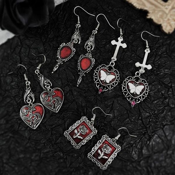 Brincos pendurados escuro gótico lolita vintage gota para mulheres bat borboleta rosa coração brinco punk goth halloween masquerade jóias