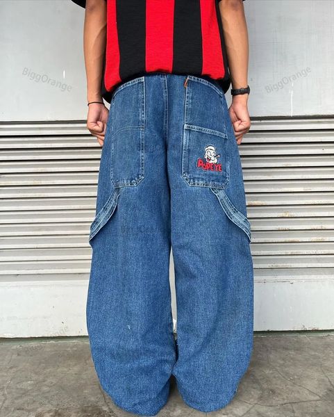 Jeans masculinos bordados streetwear grande bolso de grande tamanho calças hip hop homem gagueiro homem harajuku alta calça larga 231218