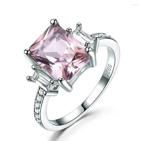 Anéis de cluster 925 anel de prata esterlina rosa morganite feminino retângulo casamento noivado jóias finas