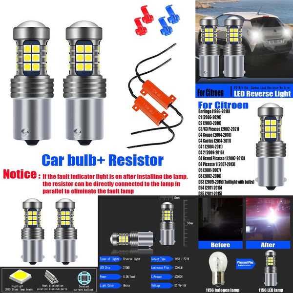 Novas luzes decorativas 2pcs P21W BA15S CANBUS SEM ERRO LED LED REVERSA LUZ Backup Lâmpada para Citroen C1 C2 C3 2002-2021 C4 2004-2016 C5 C8 DS3 DS4 DS5