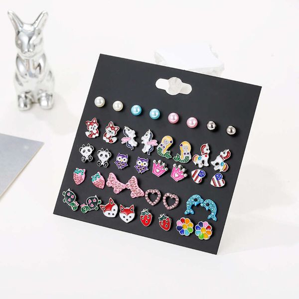Set di gioielli per bambini, 20 paia di orecchini multicolori con cuori smaltati, unicorno, farfalla, perla, animali