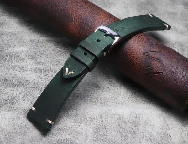 Assista Bandas 20 21 22mm Handmade Green Wrist Band Crazy Horse Skin Cowhide Watchband Pulseira Homens Quick Release Straps Genuíno Cinto de Couro