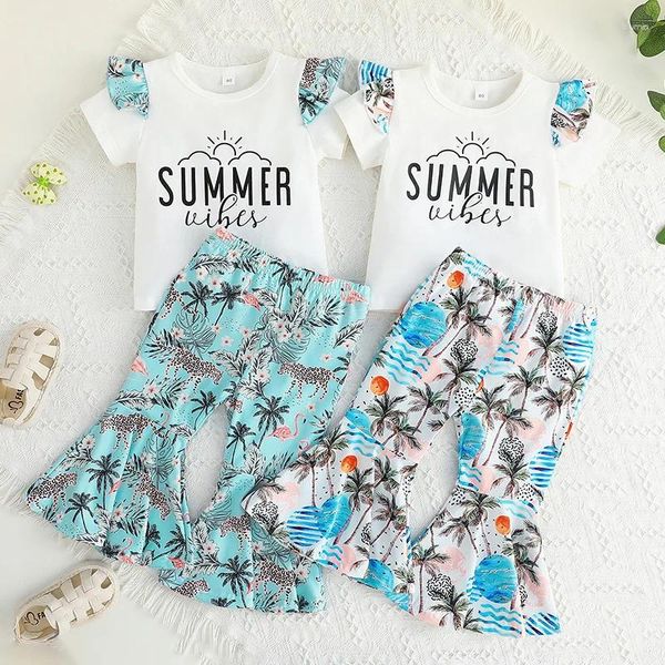 Set di abbigliamento T-shirt estiva a maniche corte per ragazze Pantaloni Pantaloni svasati a vento per le vacanze in due pezzi per bambini Abiti per ragazze