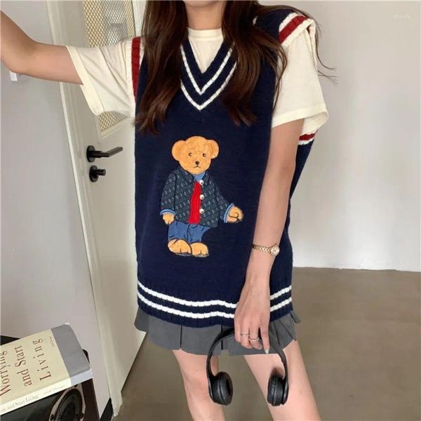 Suéter feminino coreano kawaii urso suéter feminino outono inverno o pescoço manga comprida solto pulôver de malha pull femme 2023