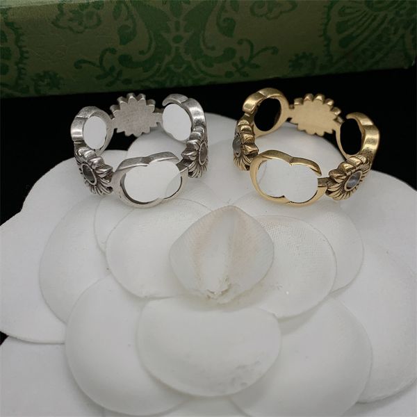 Anéis delicados de ouro com margaridas, letras duplas, anel de designer, flor, alfabeto, presente de aniversário com caixa