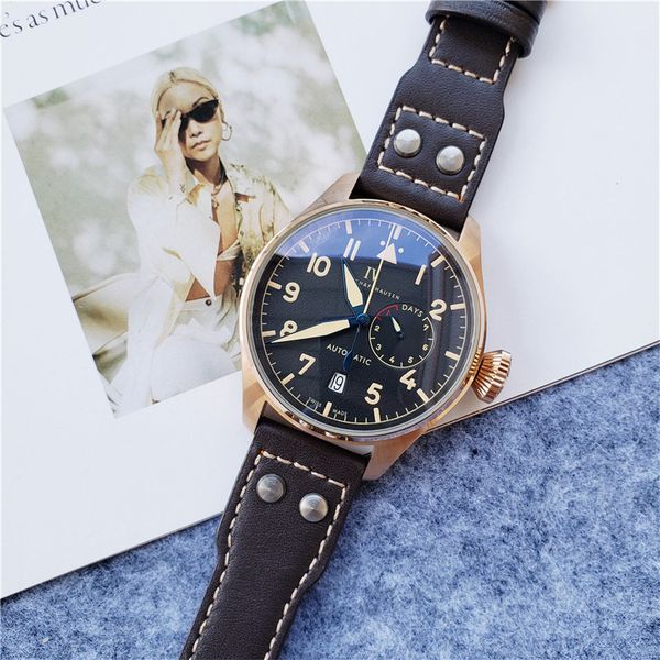 2023 Nova marca de alta qualidade IWX Pilot Series Mens Watch Bronze pulseira de couro Sapphire Mirror Multifuncional Chronograph Designer Movement Man Watch