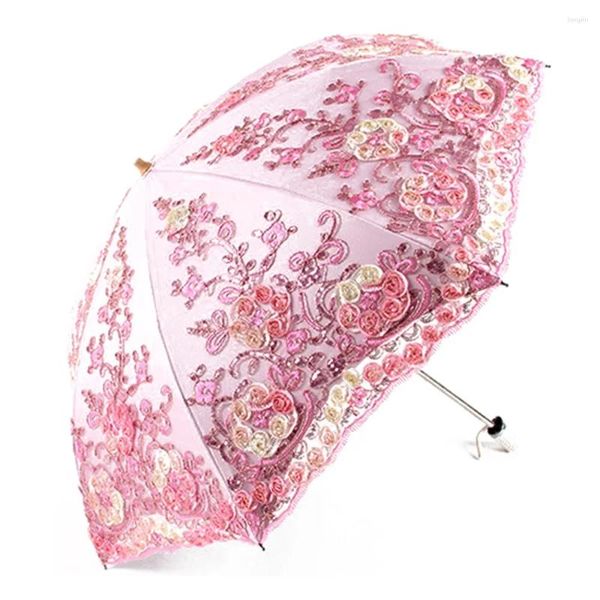 Guarda-chuvas Guarda-chuva Chuva Mulheres 2024 Moda Dupla Camada Luxo Flor Dupla Dobrável Lace Up Parasol