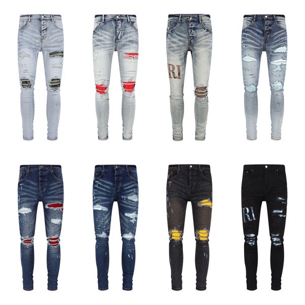 2024 Amirs Designer Mens Roxo Jeans High Street Hole Star Patch Homens Mulheres Amirs Star Bordado Painel Stretch Slim-Fit Calças Calças 29-40 Ghy666