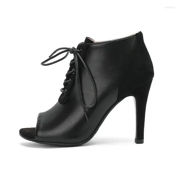 Sandálias moda jazz sapatos de dança senhoras salto alto peep toe lace-up sólido preto verão feminino elegante festas mais 47