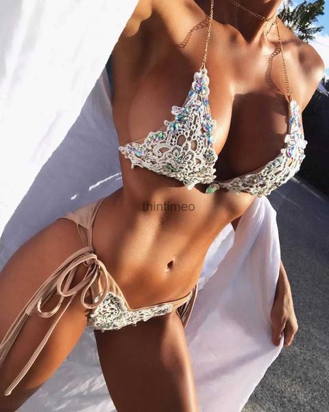 Damen-Bademode, Spitzen-Bikini, Kristall-Badeanzug, Monokini, Damen-Bademode, nackte Bikinis, brasilianischer Strass-Beachwear, Push-Up-Bikini, 2023 Spitze Biquini YQ231219