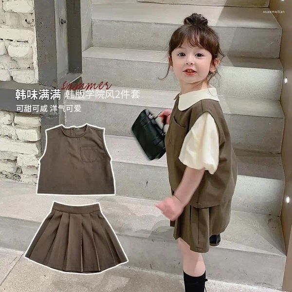 Conjuntos de roupas bebê menina roupas estilo coreano verão criança meninas manga curta blusa colete saias 3 peça conjunto crianças escola uniforme
