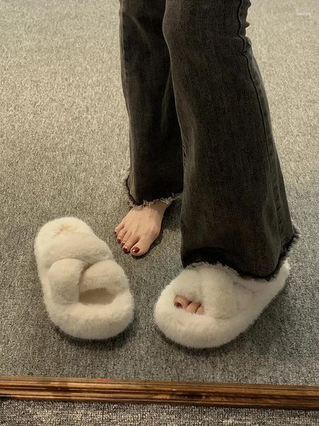 Chinelos 2023 inverno super all-matching retro conforto estilo ocidental chinelo de lã feminino desgaste exterior
