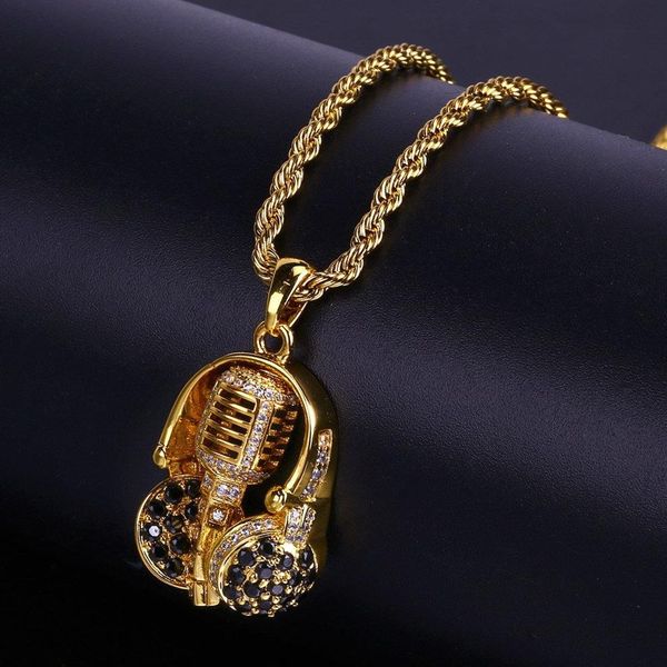 Хип-хоп мужская золотая 24-дюймовая цепочка с кубическим цирконием музыкальная голова микрофон кулон ожерелье Whole191S