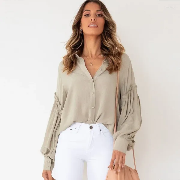 Camicette da donna Camicia sexy con bottoni Camicia da donna a maniche lunghe con volant Camicetta casual allentata Primavera Office Lady Elegante Solid Blusas Y2K Streetwear Top