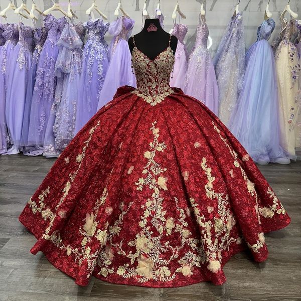 Rote Spaghettiträger Ballkleid Quinceanera Kleider 2024 Süße 16 Prinzessin Applizierte Spitze Perlen Partykleider Vestido De 15 Anos