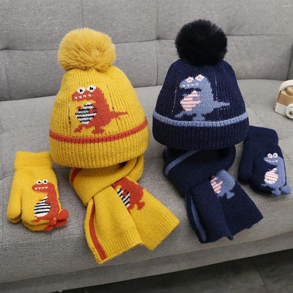 Berretti per bambini Modello dinosauro Berretto lavorato a maglia Berretto invernale caldo in tre pezzi Sciarpa Guanti Cappello Set Gorras Para Hombres